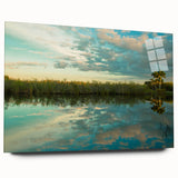 Large abstract wall art of the Everglades in muted green and blue tones on acrylic glass.