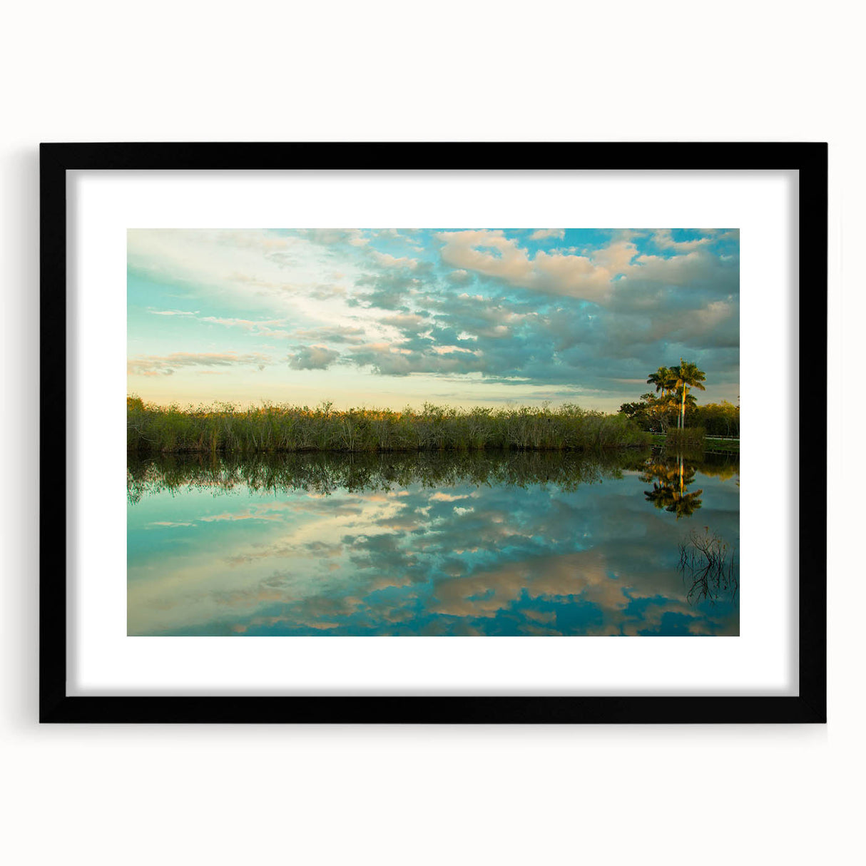 Extra large abstract art print of the Everglades in vibrant colors on a textured canvas, framed in black.