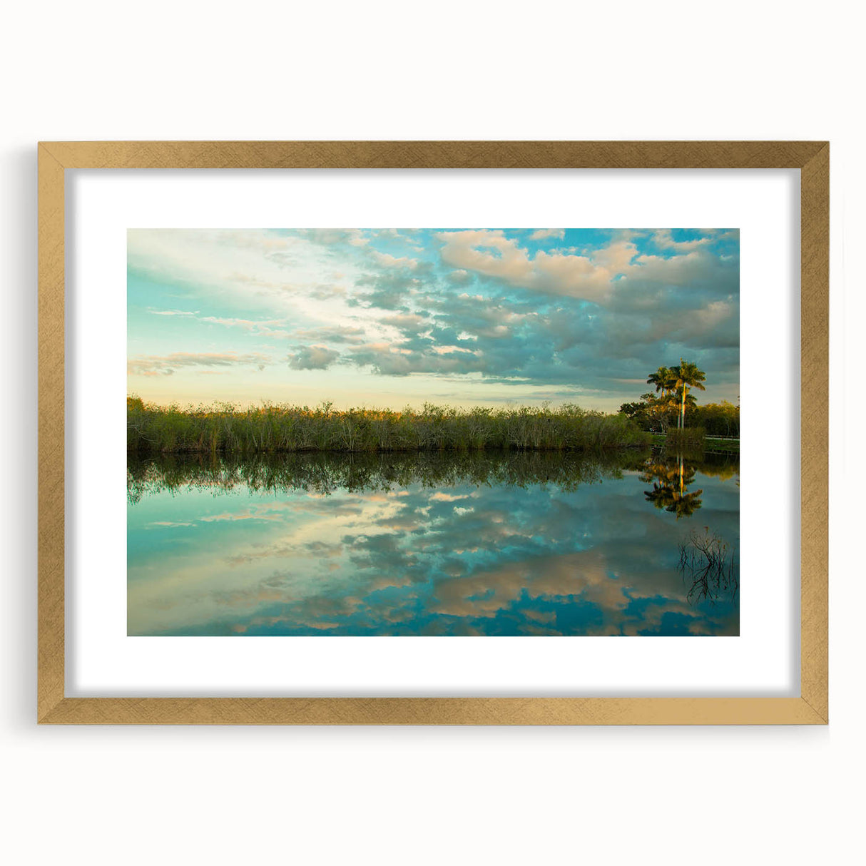 Extra large abstract art print depicting the Everglades in textured shades of green and blue, framed in gold.
