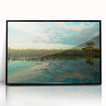 Large abstract wall art of the Everglades in muted green and blue tones, framed in black acrylic.