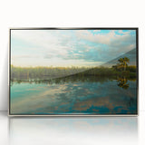 Mid-century modernist art depicting the Everglades in a framed acrylic print, featuring muted green and blue tones.