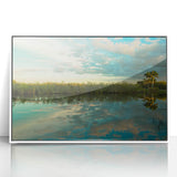 Acrylic print of the Everglades with green and blue hues in an art deco style, ideal for modern art wall decor.