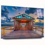 Acrylic print of a large abstract depiction of Fort Lauderdale in vibrant blue and orange tones.