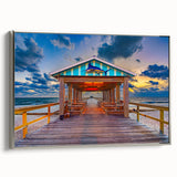 Landscape painting of Fort Lauderdale on framed canvas, featuring a vintage poster style in colorful and black tones.