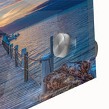 Large abstract wall art depicting the Florida Keys in muted ocean blues and greens on acrylic glass.