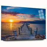 Large abstract wall art depicting the Florida Keys in muted oceanic and sunset hues on acrylic glass.