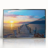 Mid-century modernist art depicting the Florida Keys in soft pastel shades, presented on a silver-framed acrylic print.