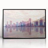 Large abstract wall art of Miami skyline in muted gray and blue tones on framed acrylic.