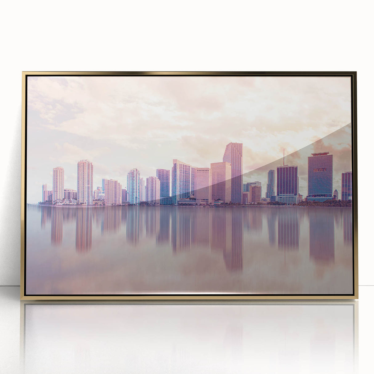 Acrylic print of Miami skyline in gold and blue hues, framed, ideal for modern art wall decor.