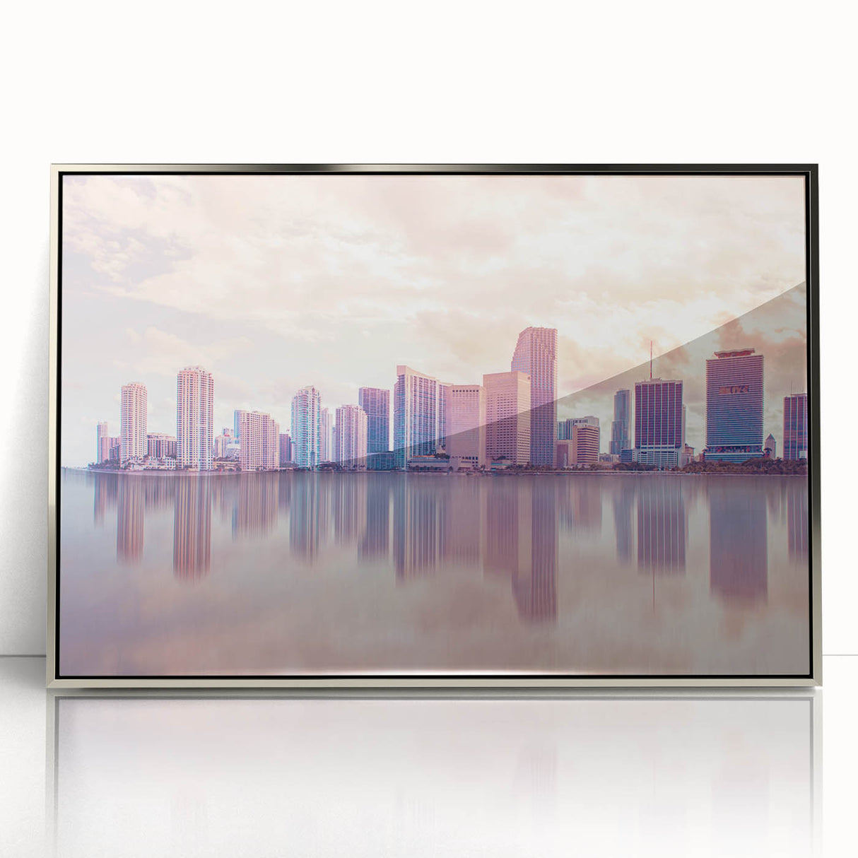 Mid-century modernist art depicting Miami skyline in pastel shades on silver-framed acrylic, ideal for modern art wall decor.