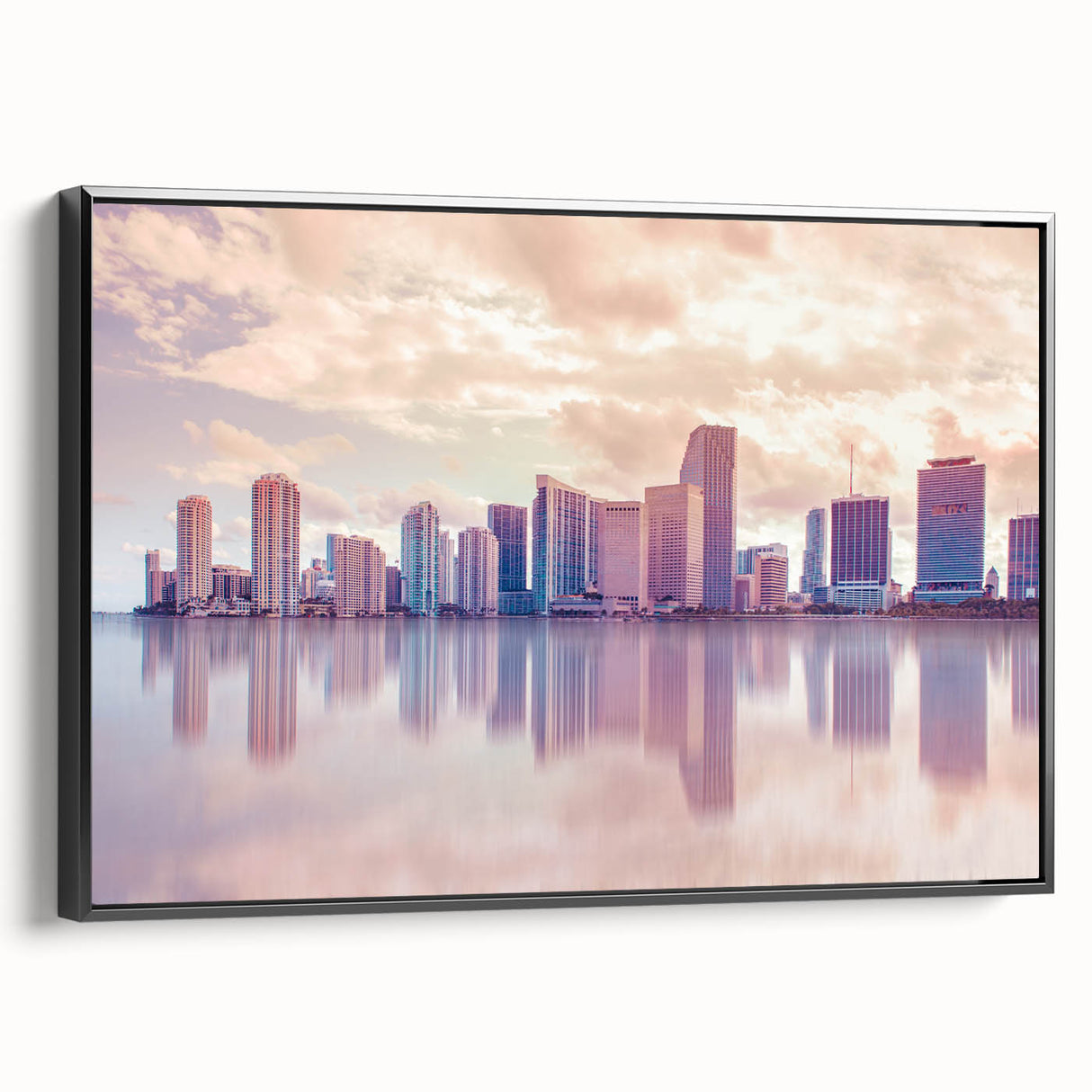 Black and white framed canvas of Miami landscape with vintage poster art style, ideal for bedroom decor.