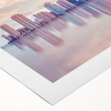 Art deco poster of Miami skyline in pastel shades on rolled canvas, suitable for dining room wall art.