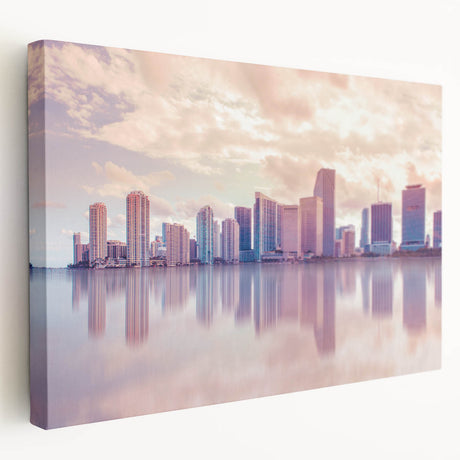 Panoramic Miami skyline on a large stretched canvas, with vibrant blues and oranges, suitable for kitchen wall art.