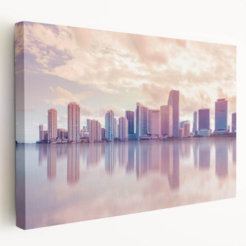 Panoramic Miami skyline on a large stretched canvas, with vibrant blues and oranges, suitable for kitchen wall art.