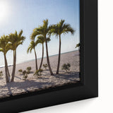 Framed canvas of a textured Florida palm beach scene in black with colorful accents, suitable for a large living room wall.