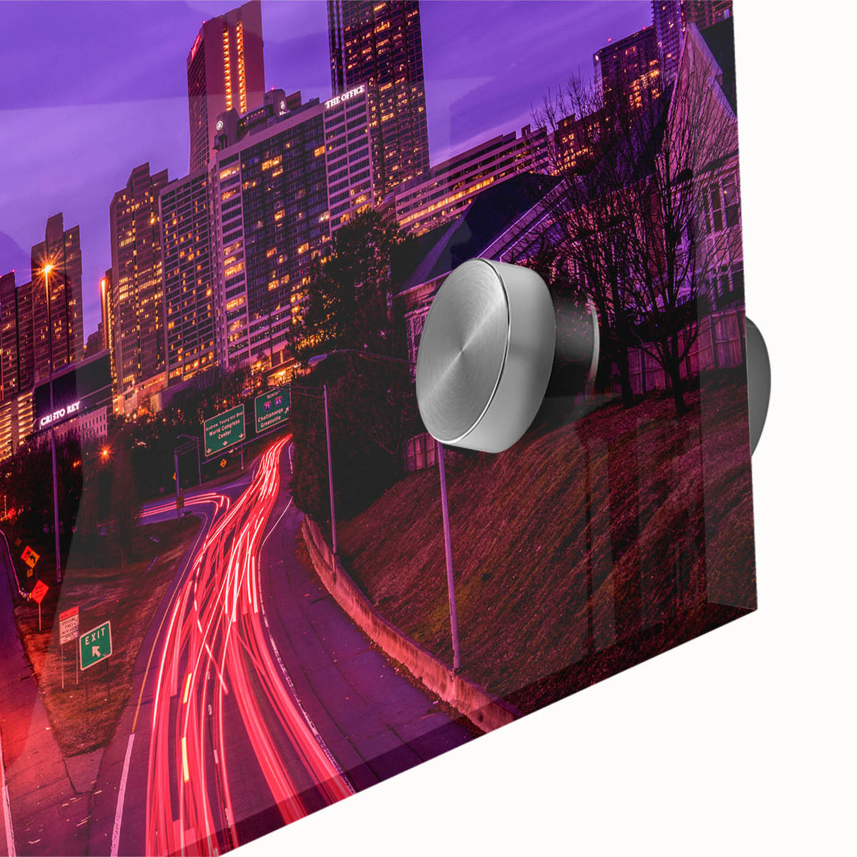 Large abstract depiction of the Atlanta skyline in muted blues and grays on acrylic glass, suitable for dining room art.
