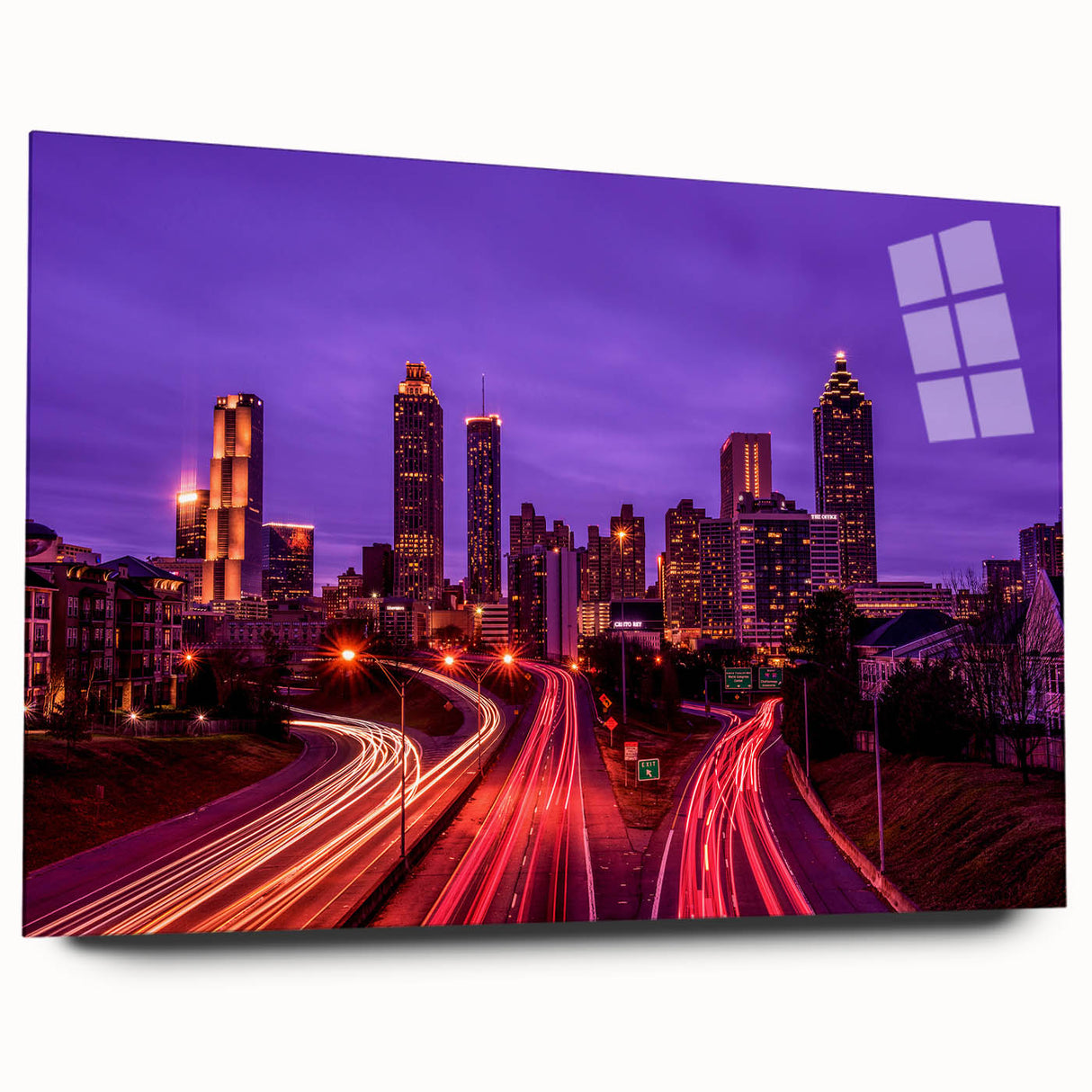 Acrylic print of the Atlanta skyline in muted gray and blue tones, suitable for bedroom or dining room decor.