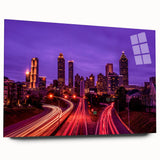 Acrylic print of the Atlanta skyline in muted gray and blue tones, suitable for bedroom or dining room decor.