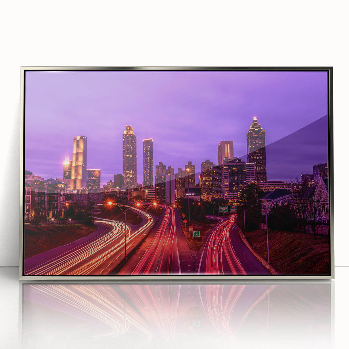 Mid-century modernist art of Atlanta skyline in muted gray tones on a framed acrylic, ideal for modern art wall decor.