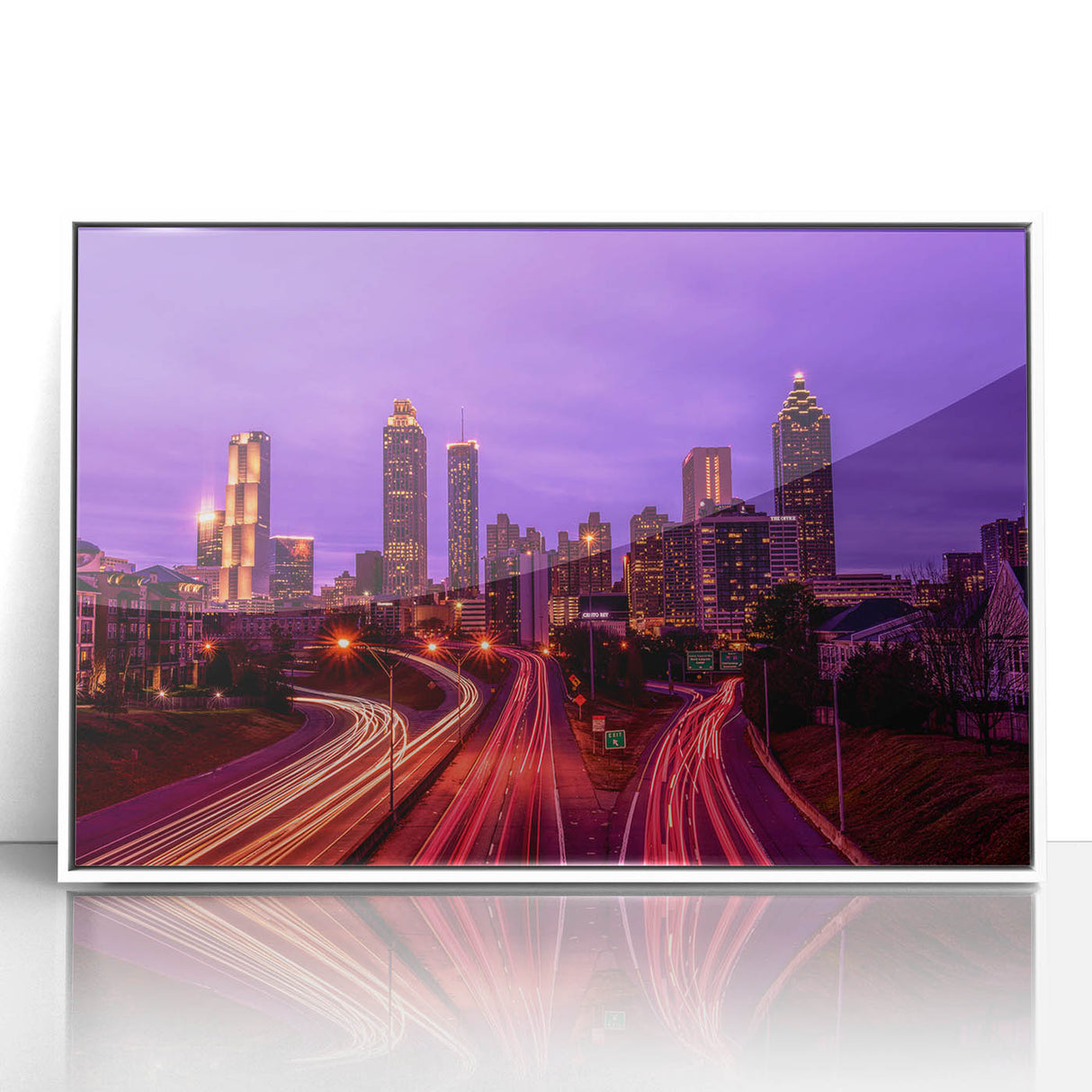 Acrylic print of Atlanta skyline in art deco style, using muted gray and blue tones, ideal for modern art wall decor.