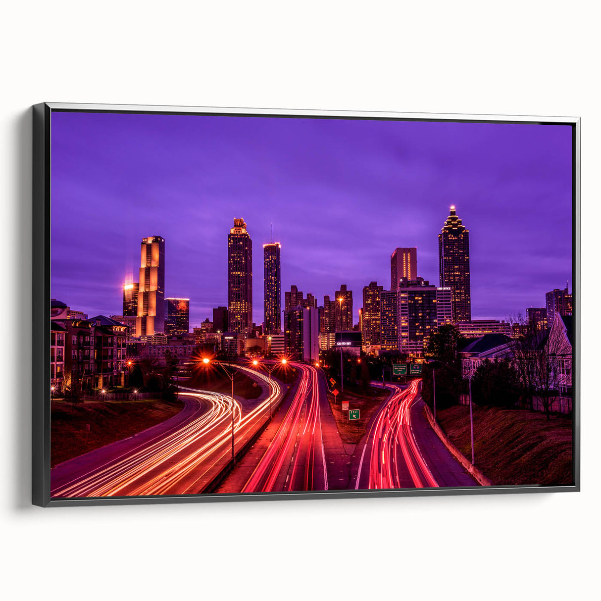 Black and white framed canvas depicting the Atlanta skyline, ideal for bedroom wall decor.