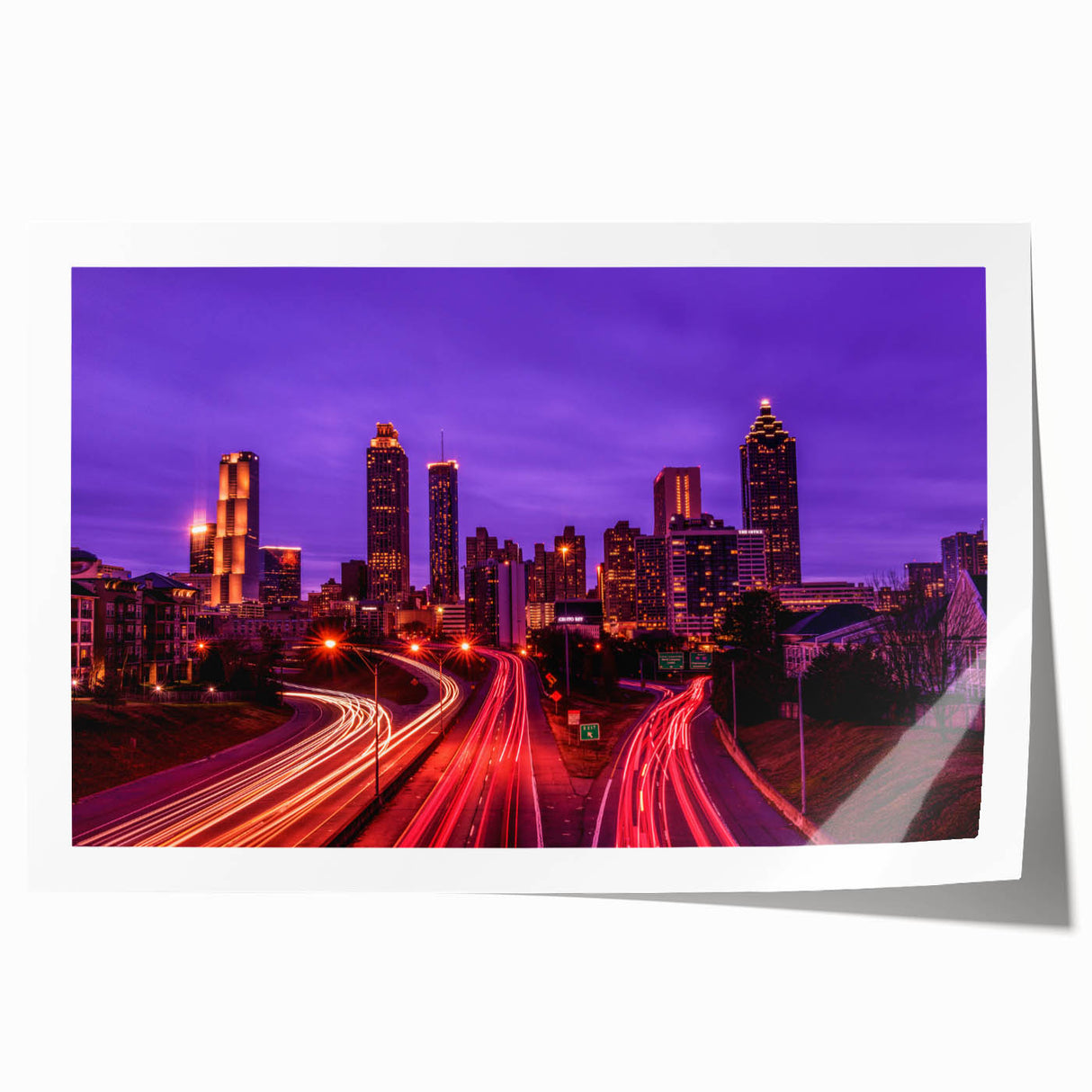 Atlanta skyline in muted gray tones on a large rolled canvas, suitable for art wall dining room.