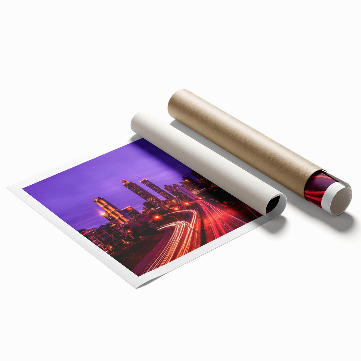 Atlanta skyline in muted gray tones on a rolled canvas, ideal for classy bathroom wall art.