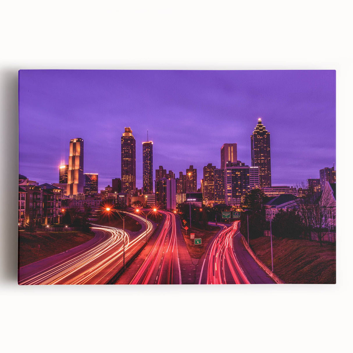 Black and white stretched canvas of Atlanta skyline, ideal for kitchen wall art.
