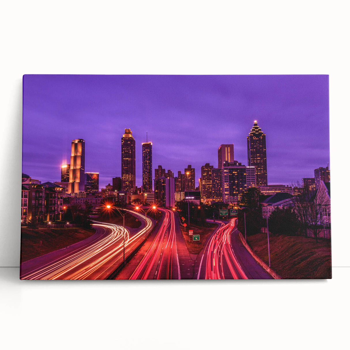 Black and white stretched canvas of Atlanta skyline, ideal for kitchen wall art.