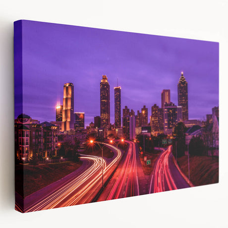 Atlanta skyline in muted gray and blue tones on a large stretched canvas, ideal for kitchen wall art.