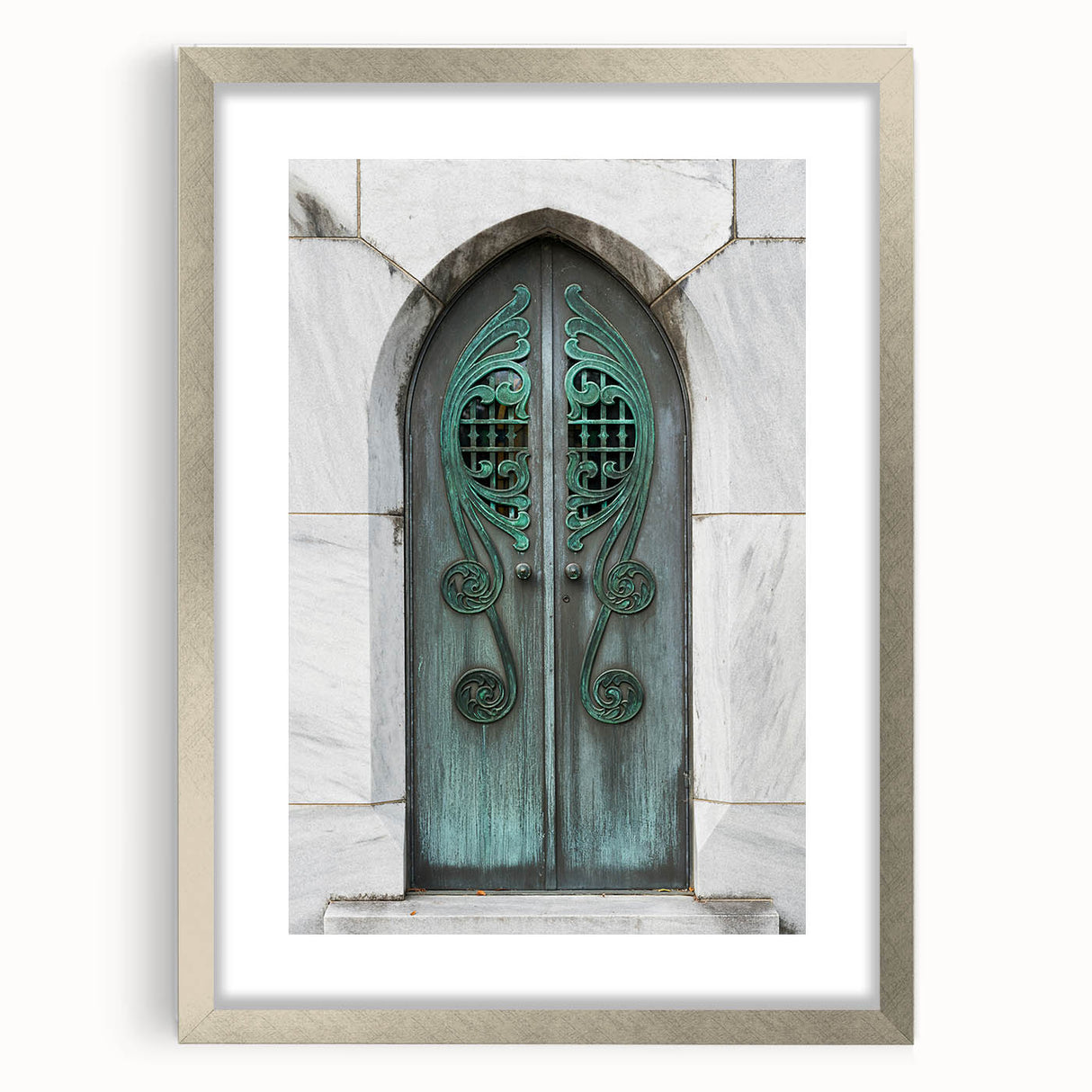 Textured abstract art print of Savannah scenery in muted green and brown tones, framed in silver, ideal for bedroom art.