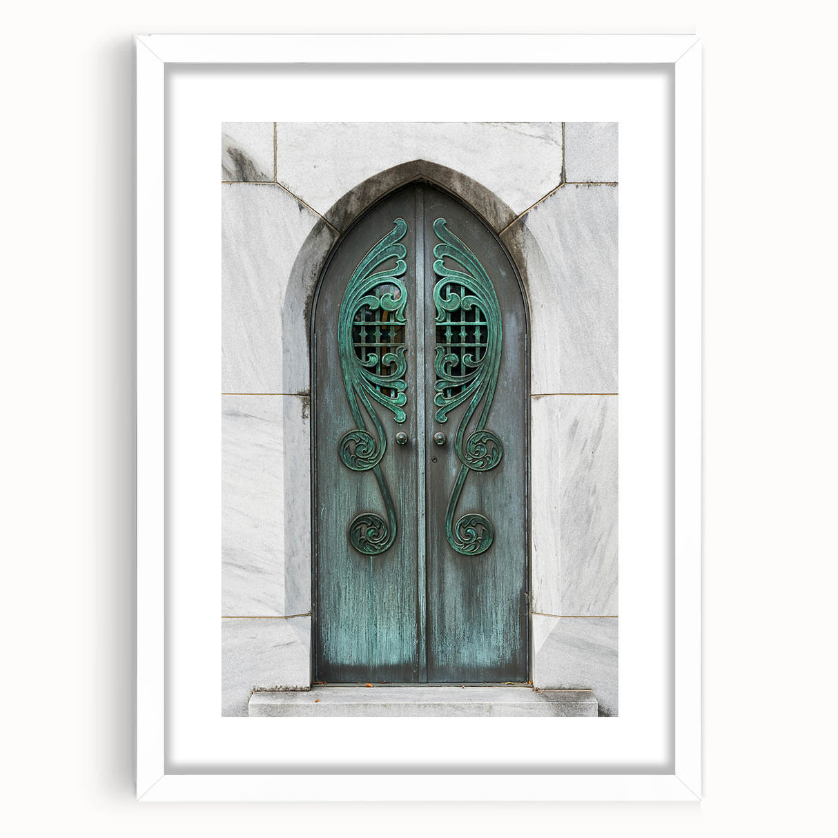 Abstract art print of Savannah skyline in muted gray and blue tones, framed with a white mat, suitable for dining room decor.