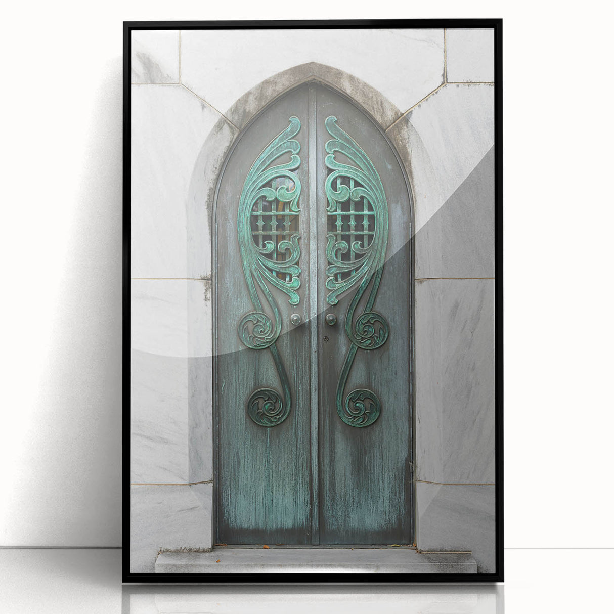 Large abstract wall art of Savannah skyline in muted gray and blue tones, framed in black acrylic.