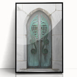 Large abstract wall art of Savannah skyline in muted gray and blue tones, framed in black acrylic.
