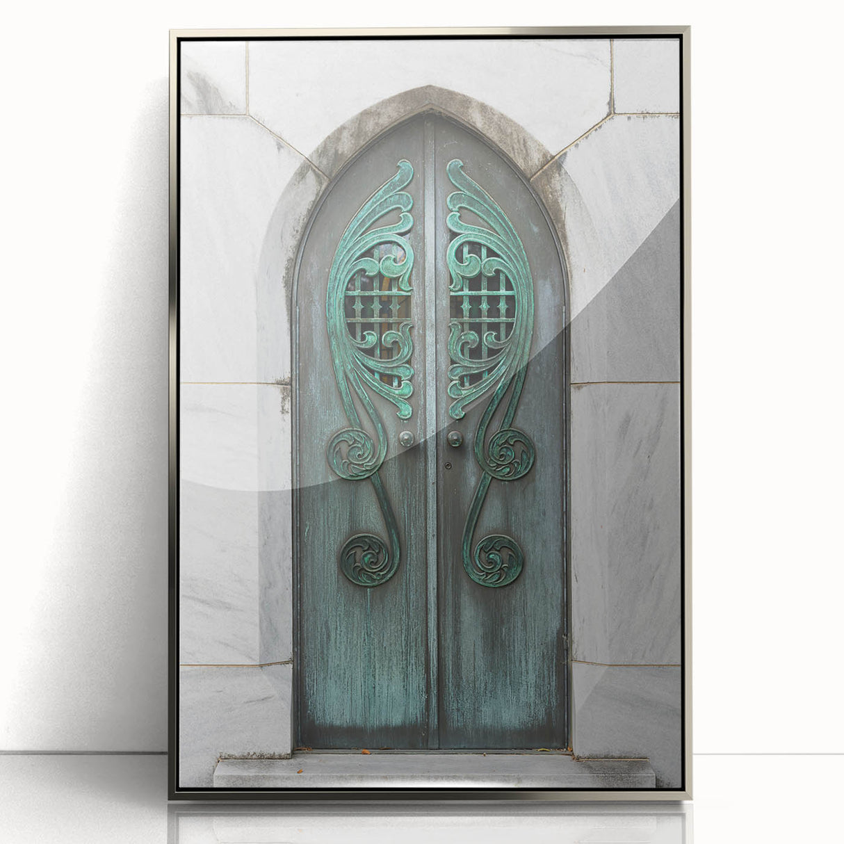 Mid-century modernist art depicting Savannah, Georgia, in muted earth tones on a silver-framed acrylic print.