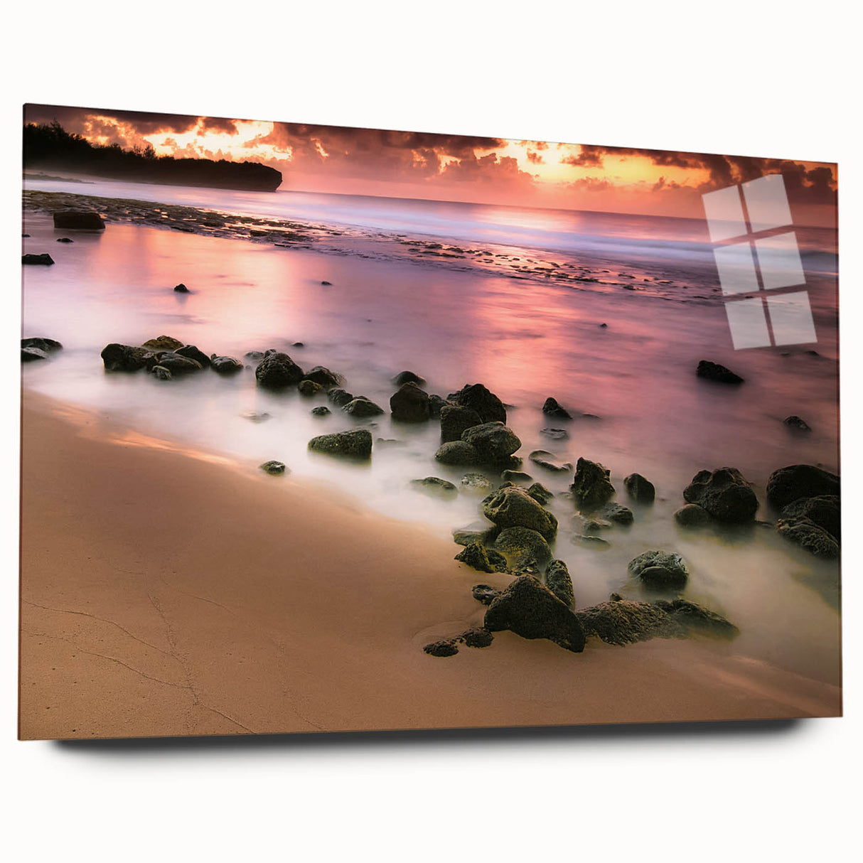 Large abstract acrylic print of Kauai landscape with vibrant green and blue tones, ideal for bedroom or dining room art.