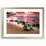 Textured abstract art print of Kauai scenery in muted colors on a framed silver mat, ideal for bedroom art.
