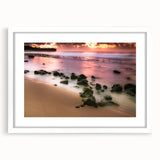 Abstract art print of Kauai, Hawaii, featuring vibrant green and blue tones on a white-matted frame.