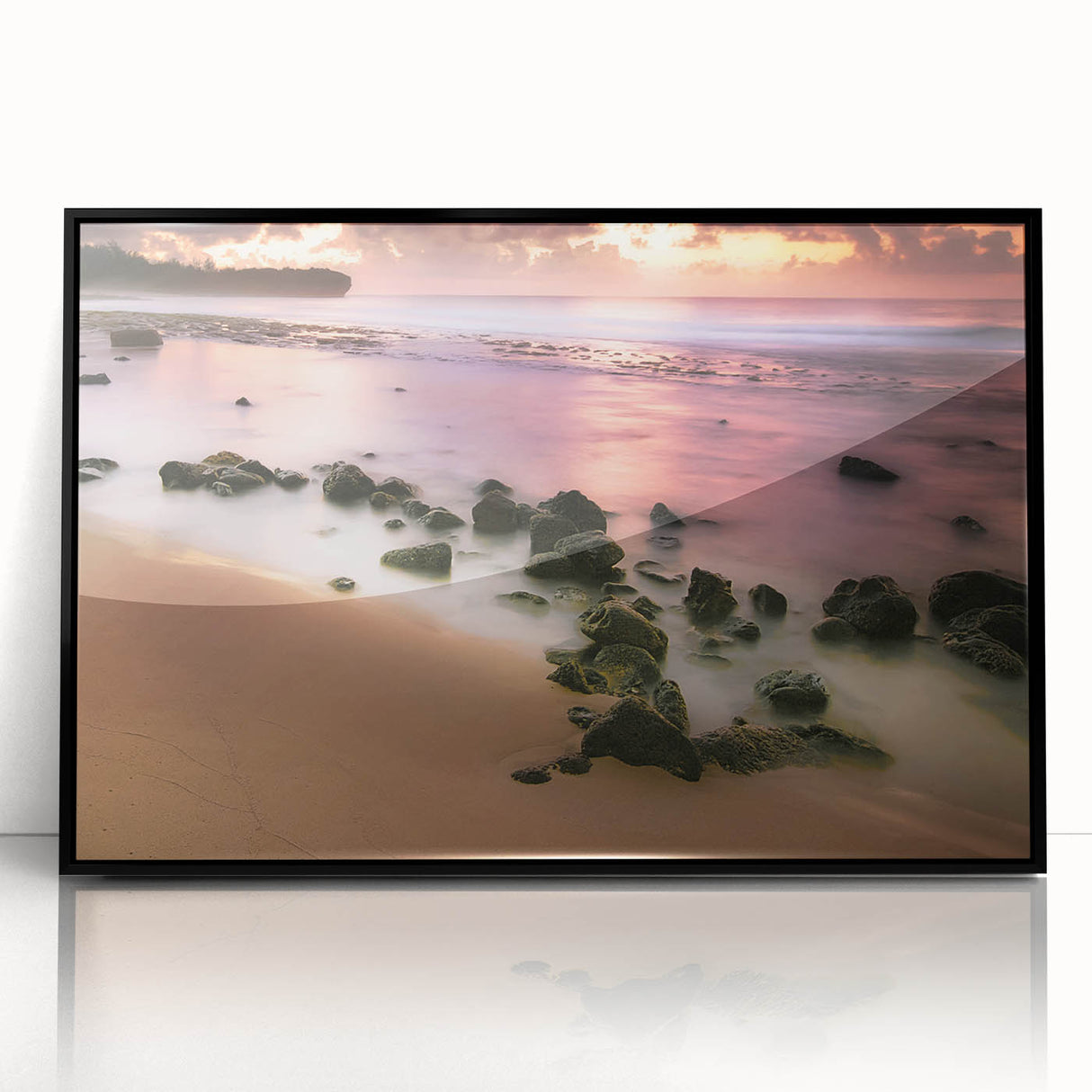 Large abstract wall art depicting Kauai's lush scenery in vibrant greens and blues, framed in black acrylic.