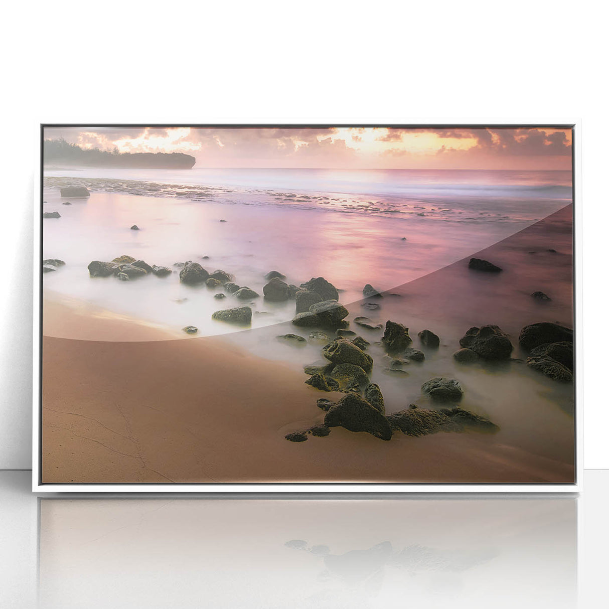 Art deco poster of Kauai landscape in muted green and blue tones on framed acrylic, ideal for modern nursery wall art.
