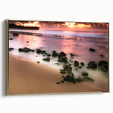 Framed canvas depicting a vintage-style landscape of Kauai with muted gold and black tones, ideal for bedroom wall art.