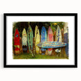 Extra large abstract art print of colorful, textured scenery from Maui, framed in black, ideal for living room decor.