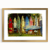 Extra large wall art of abstract Maui scenery in gold frame, featuring textured blues and greens.