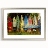 Textured abstract art print depicting vibrant Maui scenery in a silver frame, suitable for bedroom ambiance.