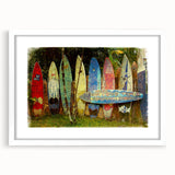 Abstract art print of Maui landscape in muted green and blue shades on a framed white canvas.