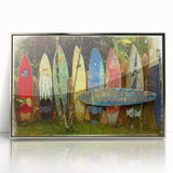 Mid-century modernist art depicting a serene Maui landscape in soft pastel shades on a silver-framed acrylic print.