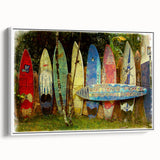 Vintage poster art of Maui scenery on framed canvas, featuring vibrant colors, ideal for living room decor.