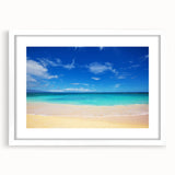 Abstract art print of Oahu, Hawaii, featuring vivid blue and green tones on a white framed canvas.