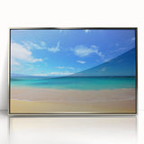 Mid-century modernist art depicting Oahu, Hawaii, in muted blue and green tones on a framed acrylic panel.