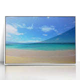 Art deco poster of Oahu, Hawaii landscape in muted blue and green tones on a white framed acrylic.